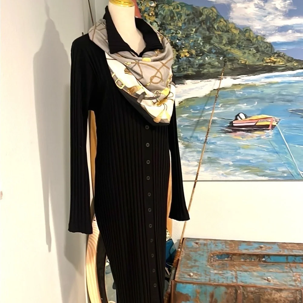 (HEAVY) Good American,Black,Wide-Ribbed Button-Down Midi Dress,NBW, Size 7/US 4X